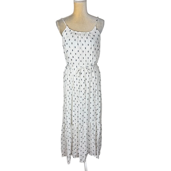 LOFT White Navy Polka Dot Tiered Sleeveless Drawstring Waist Sundress Medium - Picture 3 of 11